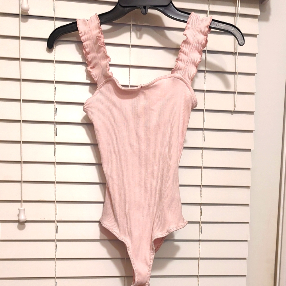 Pink Bodysuit With Ruffled Sleeve Straps